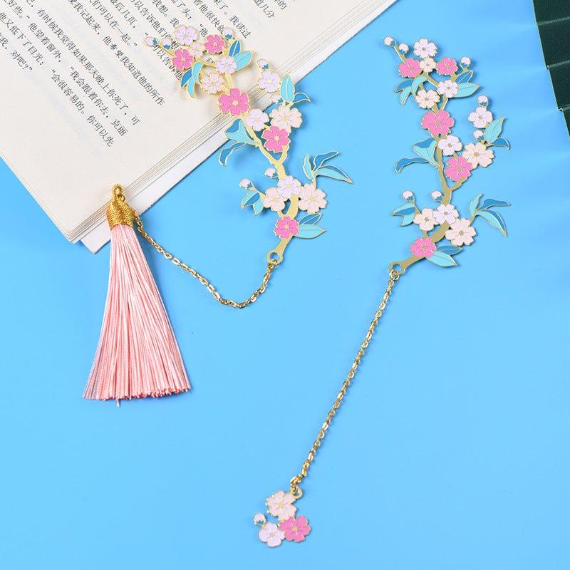 Exquisite electroplated brass bookmarks Pink cherry blossom tassels Cherry blossom bookmarks